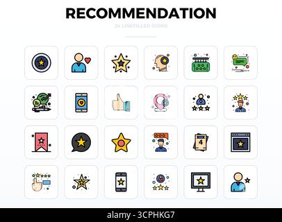 Umfassendes Toolkit mit 24 Vektorsymbolen, die sich um die Empfehlung drehen, entwickelt in LineFill mit 128x128 PIXELN perfekter Präzision für vielseitiges Design Stock Vektor
