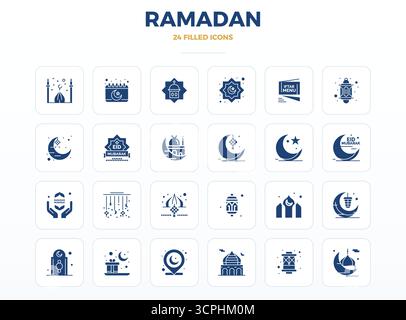 Zeitgenössische Sammlung von 24 Vektorsymbolen, die Ramadan in SolidFill-Ästhetik darstellen, mit einer perfekten Auflösung von 128x128 PIXELN für moderne Anwendungen Stock Vektor