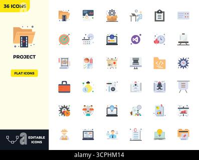 Raffiniertes Paket mit 36 flachen Farbvektorsymbolen für Project, optimiert mit 128x128 PIXELN perfekte Qualität für elegante und funktionale Design-Soluti Stock Vektor