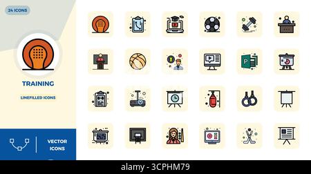 Verwandeln Sie Ihre Designs mit 24 LineFilled Vektorsymbolen rund um Training, die in einer perfekten Auflösung von 128x128 PIXELN für maximale Klarheit entwickelt wurden. Stock Vektor