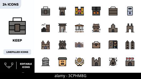 Hochleistungsfähige Sammlung von 24 flachen linearen Farbvektorsymbolen für Keep, entwickelt mit einer perfekten Auflösung von 128x128 PIXELN für optimale Benutzeroberfläche Stock Vektor