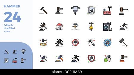 Außergewöhnliche Sammlung von 24 Duotone-Vektorsymbolen für Hammer, in einer perfekten Auflösung von 128x128 PIXELN für unvergleichliche visuelle Exzellenz und usa Stock Vektor