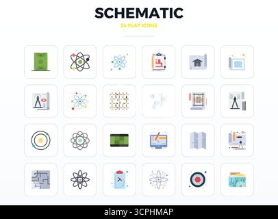 Außergewöhnliche Sammlung von 24 minimalen flachen Vektorsymbolen für Schaltplan, mit einer perfekten Auflösung von 128x128 PIXELN für unvergleichliche visuelle Exzellenz Stock Vektor