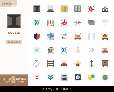 Premium-Kollektion von 36 flachen Farbvektorsymbolen für Double, akribisch in einer perfekten Auflösung von 128x128 PIXELN für überragende visuelle Wirkung. Stock Vektor