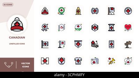 Zeitgenössische Sammlung von 24 Vektorsymbolen, die Kanadisch in LineFilled Ästhetik repräsentieren, mit 128x128 PIXEL perfekter Auflösung für moderne Anwendungen Stock Vektor