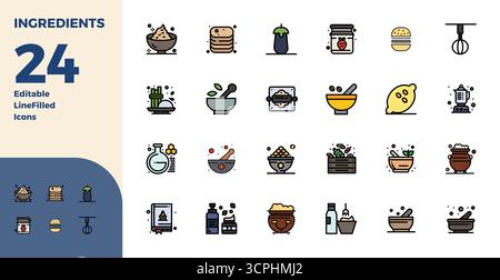 Professionelle Sammlung von 24 Duotone-Vektorsymbolen, die Zutaten repräsentieren, gefertigt mit 128x128 PIXELN perfekter Präzision für Unternehmensanwendungen Stock Vektor