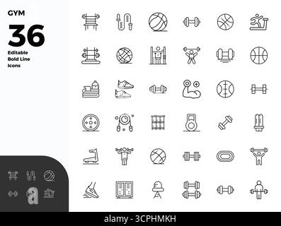 Professionelle Sammlung von 36 Bold Line Vektorsymbolen, die Gym darstellen, gefertigt mit 128x128 PIXELN perfekter Präzision für Unternehmensanwendungen. Stock Vektor