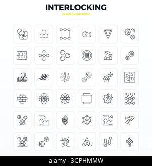 Unverzichtbares Paket mit 36 PIXEL Perfect Vektorsymbolen für Interlock im starken Outline-Format, Größe 128x128 für optimale Leistung und Skalierbarkeit. Stock Vektor