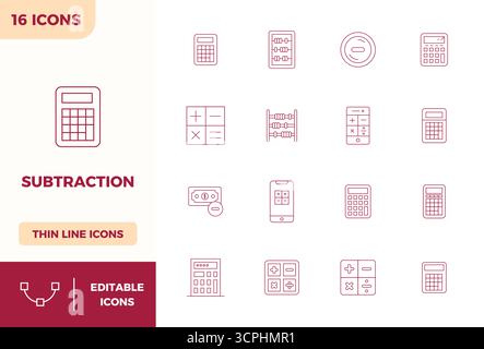Ultimative Sammlung von 16 Vektorsymbolen, die Subtraktion in minimaler Linienästhetik darstellen, optimiert mit einer perfekten Auflösung von 128x128 PIXELN für maximale Leistung Stock Vektor