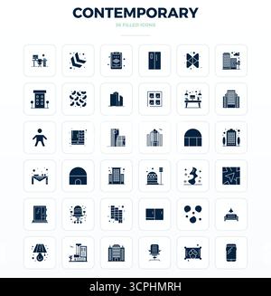 Erweiterte Sammlung von 36 PIXEL Perfect Vektor-Symbolen, inspiriert von Contemporary, in SolidFill mit 128x128-Optimierung für überragende visuelle Leistung Stock Vektor