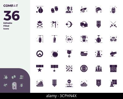 Professionelle Sammlung von 36 Glyph-gefüllten Vektorsymbolen, die den Kampf darstellen, gefertigt mit 128x128 PIXELN perfekter Präzision für Unternehmensanwendungen Stock Vektor