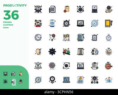 Zukunftsweisendes Paket mit 36 Vektorsymbolen zum Thema Produktivität und Duotone-Design mit 128x128 PIXELN für innovative Benutzerinte Stock Vektor