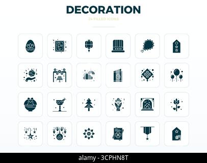 Innovatives Paket mit 24 Vektorsymbolen rund um die Dekoration, das SolidFill Design im perfekten Format mit 128x128 PIXELN für moderne digitale Lösungen präsentiert. Stock Vektor