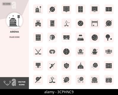 Strategisches Paket mit 36 Vektorsymbolen, die Arena im gefüllten Format darstellen, optimiert mit 128x128 PIXELN perfekte Qualität für professionelle Arbeitsabläufe Stock Vektor