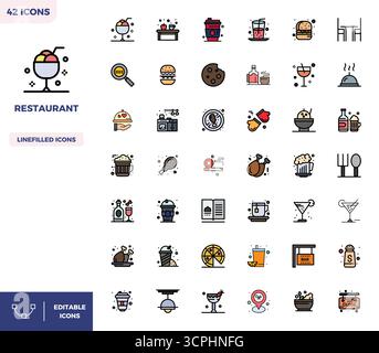 Exklusive Kollektion von 42 flachen linearen Farbvektoren für Restaurant, entwickelt mit einer perfekten Auflösung von 128x128 PIXELN für ein erstklassiges Markenerlebnis Stock Vektor