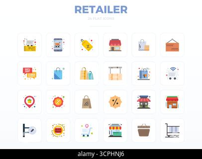 Verwandeln Sie Ihre Designs mit 24 minimalen flachen Vektorsymbolen rund um den Händler, die in einer perfekten Auflösung von 128x128 PIXELN für maximale Klarheit entwickelt wurden. Stock Vektor