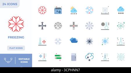 Ultimative Sammlung von 24 Vektorsymbolen, die das Einfrieren in flacher Farbe darstellen, optimiert mit einer perfekten Auflösung von 128x128 PIXELN für maximale impa Stock Vektor