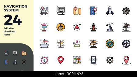 Sammlung von 24 Perfect Vektorsymbolen für Navigationssysteme mit Duotone PIXELN im Format 128x128 für Klarheit und Vielseitigkeit. Stock Vektor