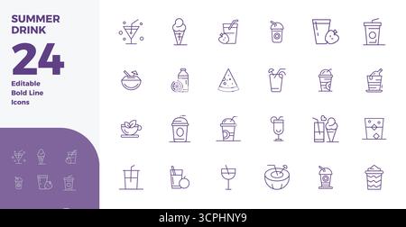 Wunderschön gerenderte 24 PIXEL PIXEL Perfect Vektorsymbole für Summer Drink, erstellt mit einer Auflösung von 128x128 für atemberaubende visuelle Konsistenz über alle Seiten hinweg Stock Vektor