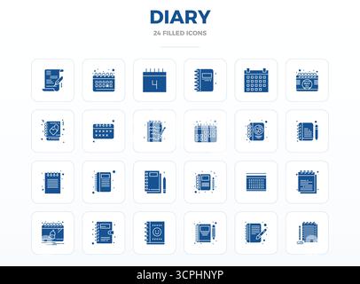 Ultimative Sammlung von 24 Vektorsymbolen, die das Tagebuch in SolidFill-Ästhetik darstellen, optimiert mit einer perfekten Auflösung von 128x128 PIXELN für maximale Wirkung. Stock Vektor