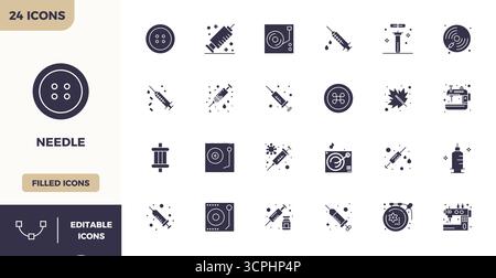 Hochleistungsfähige Sammlung von 24 gefüllten Vektorsymbolen für Nadel, entwickelt mit einer perfekten Auflösung von 128x128 PIXELN für ein optimales Design der Benutzeroberfläche. Stock Vektor