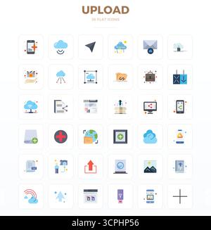 Professionell gestaltete 36-Vektorsymbole in Minimal Flat, die das Wesen des Uploads mit 128 x 128 PIXELN perfekt präzise für das UI-Design festhalten. Stock Vektor