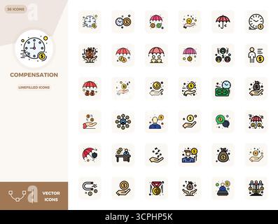 Ausgeklügeltes Paket mit 36 LineFilled Vektorsymbolen für die Kompensation, entwickelt mit 128x128 PIXELN perfekte Klarheit für professionelle Anwendungen. Stock Vektor
