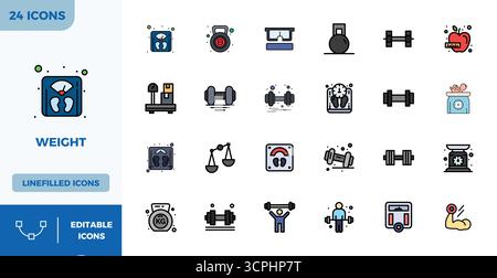 Zeitgenössische Sammlung von 24 Vektorsymbolen, die das Gewicht in flacher Linealfarbe darstellen, mit 128x128 PIXEL perfekter Auflösung für modernes A Stock Vektor