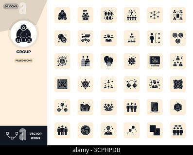 Umfassendes Toolkit mit 36 Vektorsymbolen rund um die Gruppe, entwickelt mit perfekter Präzision von 128x128 PIXELN für vielseitiges Design applicatio Stock Vektor