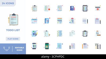 Hochleistungsfähige Sammlung von 24 flachen Farbvektorsymbolen für ToDo List, entwickelt mit einer perfekten Auflösung von 128x128 PIXELN für optimale Benutzeroberfläche d Stock Vektor