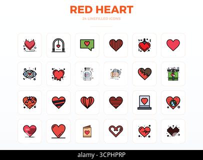 Ultimative Sammlung von 24 Vektorsymbolen, die Red Heart in LineFill-Ästhetik darstellen, optimiert mit einer perfekten Auflösung von 128x128 PIXELN für maximalen impac Stock Vektor