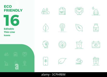 Sammlung von 16 Thin Line PIXEL Perfect Vektorsymbolen für umweltfreundliche Zwecke, im Format 128x128 für Klarheit und Vielseitigkeit. Stock Vektor