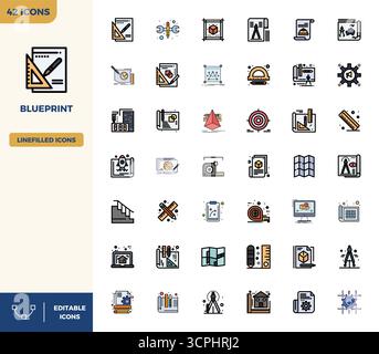 Vektorpaket mit 42 flachen, linearen FARBPIXELN perfekte Symbole, inspiriert von Blueprint, in einer Auflösung von 128x128, ideal für skalierbare und kreative Designs Stock Vektor
