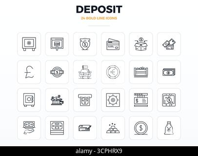 Intelligent gestaltete 24 PIXEL perfekte Vektorsymbole, inspiriert von Deposit, im starken Outline-Format bei 128x128 für intelligentes und effizientes Design mit Stock Vektor