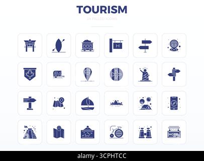 Set aus 24 SolidFill PIXEL Perfect Vektorsymbolen rund um den Tourismus, in 128x128-Auflösung für nahtlose Integration in Apps und Websites. Stock Vektor