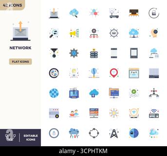 Strategisches Paket mit 42 Vektorsymbolen, die das Netzwerk im Flat Color-Format darstellen, optimiert mit 128x128 PIXELN perfekte Qualität für professionelle Arbeitsaufträge Stock Vektor