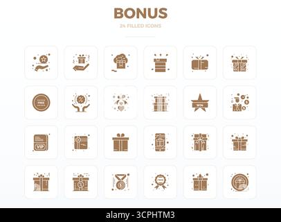 Professionell gestaltete 24 Vektorsymbole in SolidFill, die das Wesen von Bonus mit 128x128 PIXELN perfekt für das UI-Design festhalten. Stock Vektor