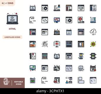 Revolutionärer Satz von 42 PIXEL Perfect Vektor-Symbolen, inspiriert von HTML, im flachen Lineal Color-Format mit einer Auflösung von 128x128 für modernes Design Stock Vektor