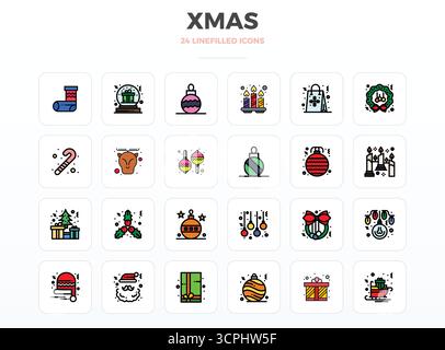 Intelligent gestaltete 24 PIXEL Perfect Vektorsymbole, inspiriert von Xmas, im LineFill-Format bei 128x128 für intelligente und effiziente Design-Workflows. Stock Vektor