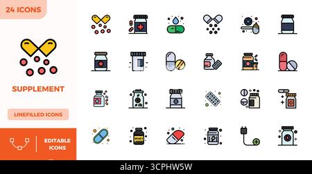 Innovatives Paket mit 24 Vektorsymbolen rund um das Supplement mit flachem, linearen Farbdesign im perfekten Format 128x128 PIXEL für moderne digitale so Stock Vektor