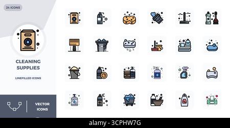 Meisterhaft erstellte 24 Vektorsymbole, die Reinigungsmittel im LineFilled Design darstellen, mit einer perfekten Auflösung von 128x128 PIXELN für außergewöhnliche VI Stock Vektor