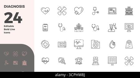 Intelligent gestaltete 24 PIXEL Perfect Vektorsymbole, inspiriert von Diagnose, im Format Bold Line bei 128x128 für intelligente und effiziente Designarbeit Stock Vektor