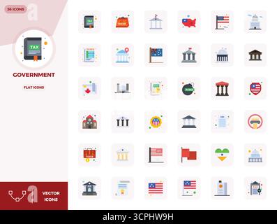Sorgfältig gefertigte 36 flache Vektorsymbole für Behörden, geliefert in 128x128 PIXEL perfekter Qualität für kompromisslose Designstandards. Stock Vektor