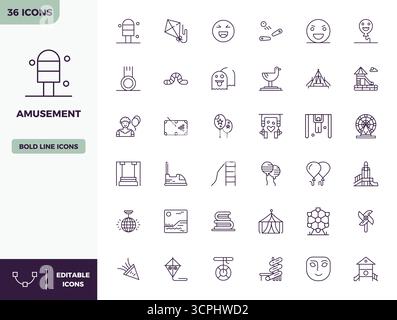 Zeitgenössische Sammlung von 36 Vektorsymbolen, die Amusement in Heavy Line-Ästhetik darstellen, mit 128x128 PIXEL perfekter Auflösung für moderne Anwendungen Stock Vektor