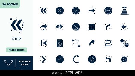 Sorgfältig zusammengestellte 24 gefüllte Vektorsymbole für Step mit einer perfekten Auflösung von 128x128 PIXELN für konsistente Markendarstellung und Benutzererfahrung. Stock Vektor