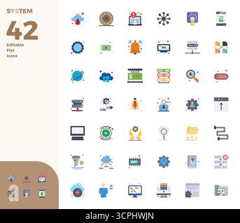 Entdecken Sie eine Reihe von 42 flachen Vektorsymbolen, die speziell für das Systemdesign entwickelt wurden, mit 128x128 PIXELN, die perfekt für moderne UI/UX-Projekte geeignet sind. Stock Vektor