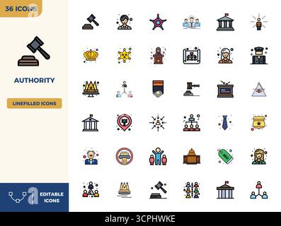 Präzise entwickelte 36 flache lineare Farbvektorsymbole für Autorität, entwickelt mit einer perfekten Auflösung von 128x128 PIXELN für außergewöhnliche Klarheit und Skalierbarkeit Stock Vektor