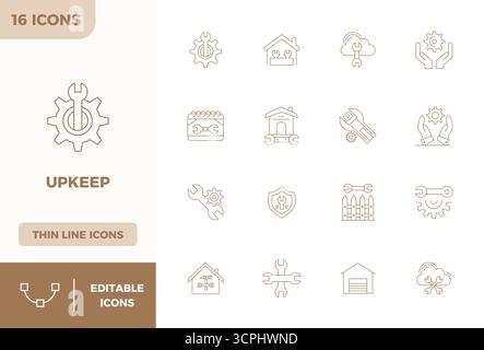 Die ultimative Sammlung von 16 Vektorsymbolen, die den Unterhalt in Minimal Line-Ästhetik repräsentieren, optimiert mit einer perfekten Auflösung von 128x128 PIXELN für maximale impa Stock Vektor