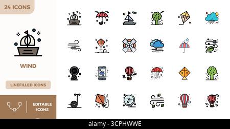 Sorgfältig gefertigte 24 flache lineare Farbvektorsymbole für Wind, geliefert in 128x128 PIXEL perfekter Qualität für kompromisslose Designstandards. Stock Vektor