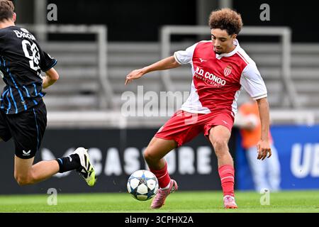 Roeselare, Belgien. September 2025. Nacim Dendani (10) aus Monaco, das während des Spiels der UEFA Youth League in der Saison 2025–2026 zwischen Club Brugge KV und AS Monaco am 18. September 2025 in Roeselare, Belgien, gezeigt wurde. (Foto: David Catry/sportpix) Credit: Sportpix/Alamy Live News Stockfoto